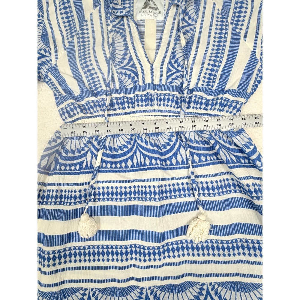 Pearl & Caviar S/M Blue White Geometric Print Tassel Midi Dress Pockets Boho - Picture 7 of 10